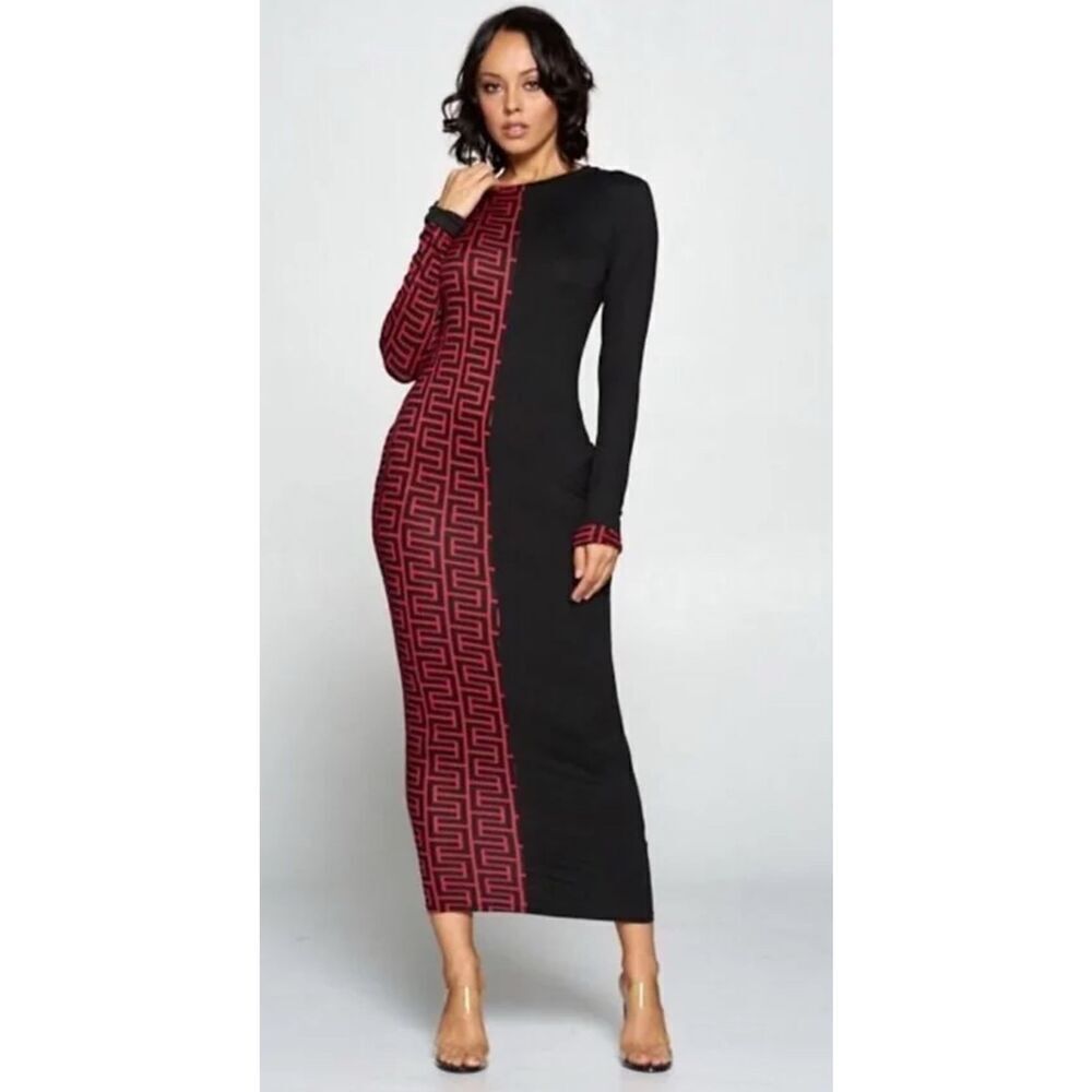 Win Win Women’s Red/Black Bodycon Midi Dress Packets Size XL See Description